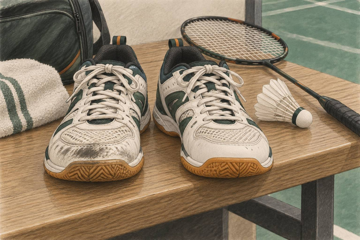 Editorial illustration of a matching pair of badminton shoes with different amounts of toe-cap wear.