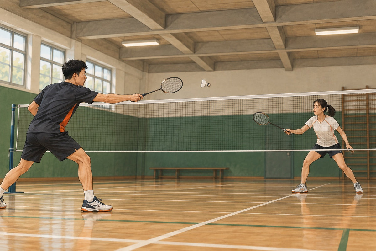 A controlled flat exchange keeps the shuttle below the beams of a low gym ceiling.