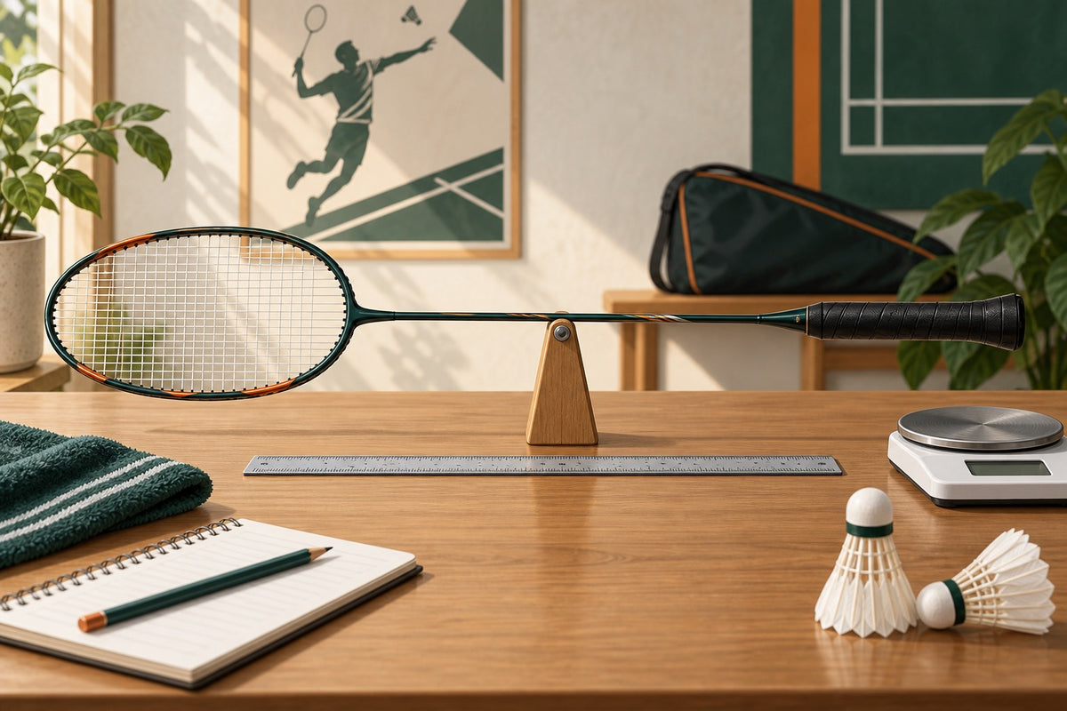 A complete racket rests on a fixed narrow pivot for a repeatable static balance measurement.