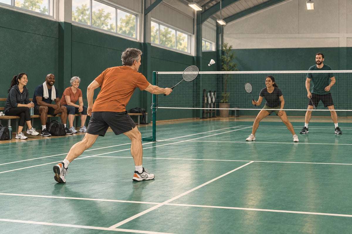 Editorial illustration of a mixed-ability badminton club practice with active players and a separate waiting area.