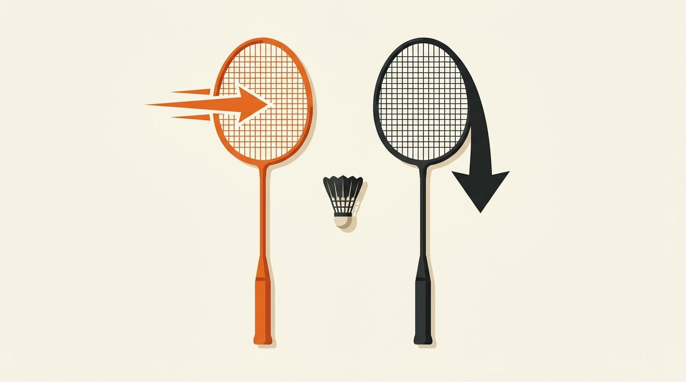 Illustrated badminton court banner showing a speed racket and a power racket comparison