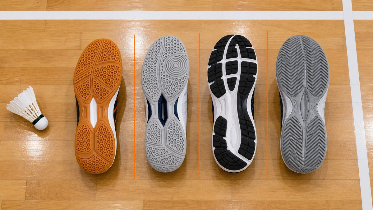 Close-up of a non-marking gum rubber shoe sole on an indoor sports floor