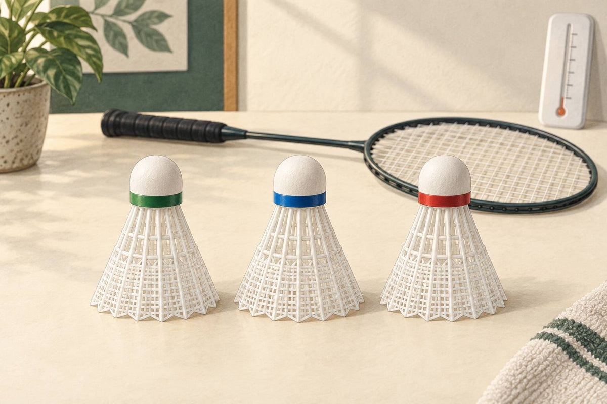 Three generic nylon shuttlecocks with green, blue and red speed markings and matching white skirts.