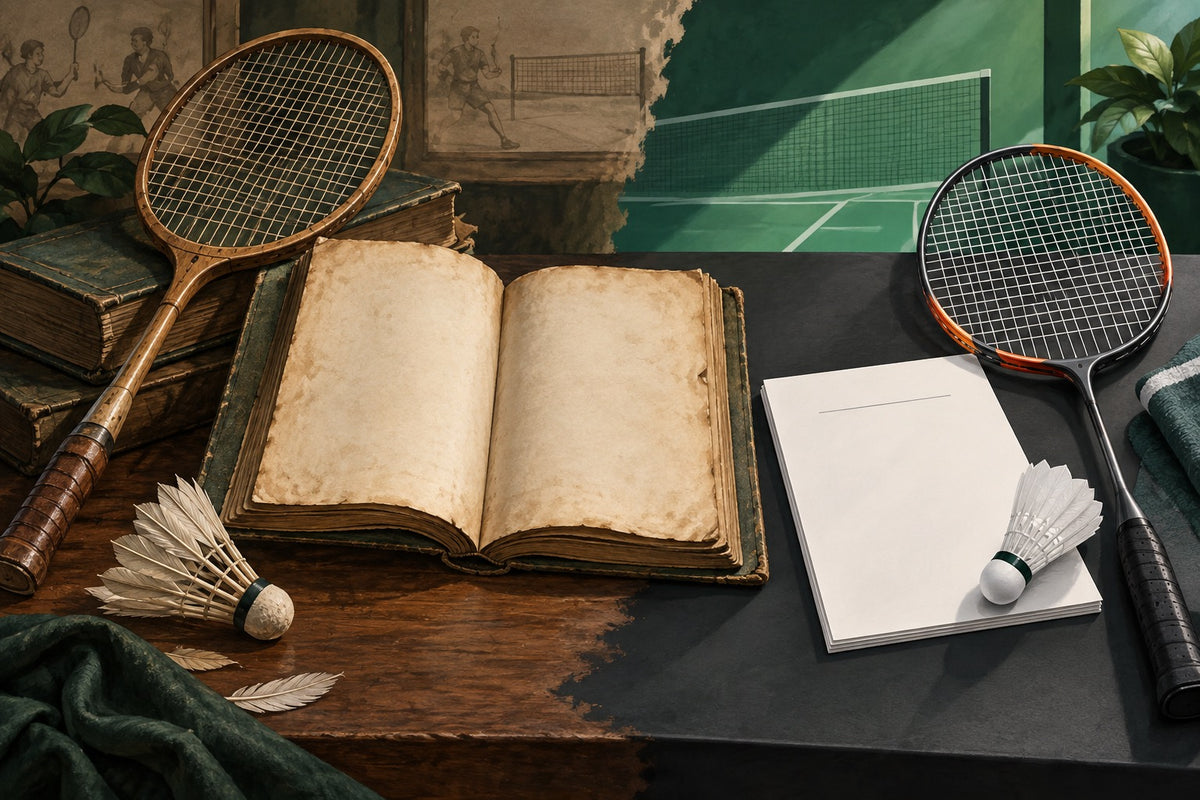 Conceptual illustration of old and modern badminton equipment with rulebooks.