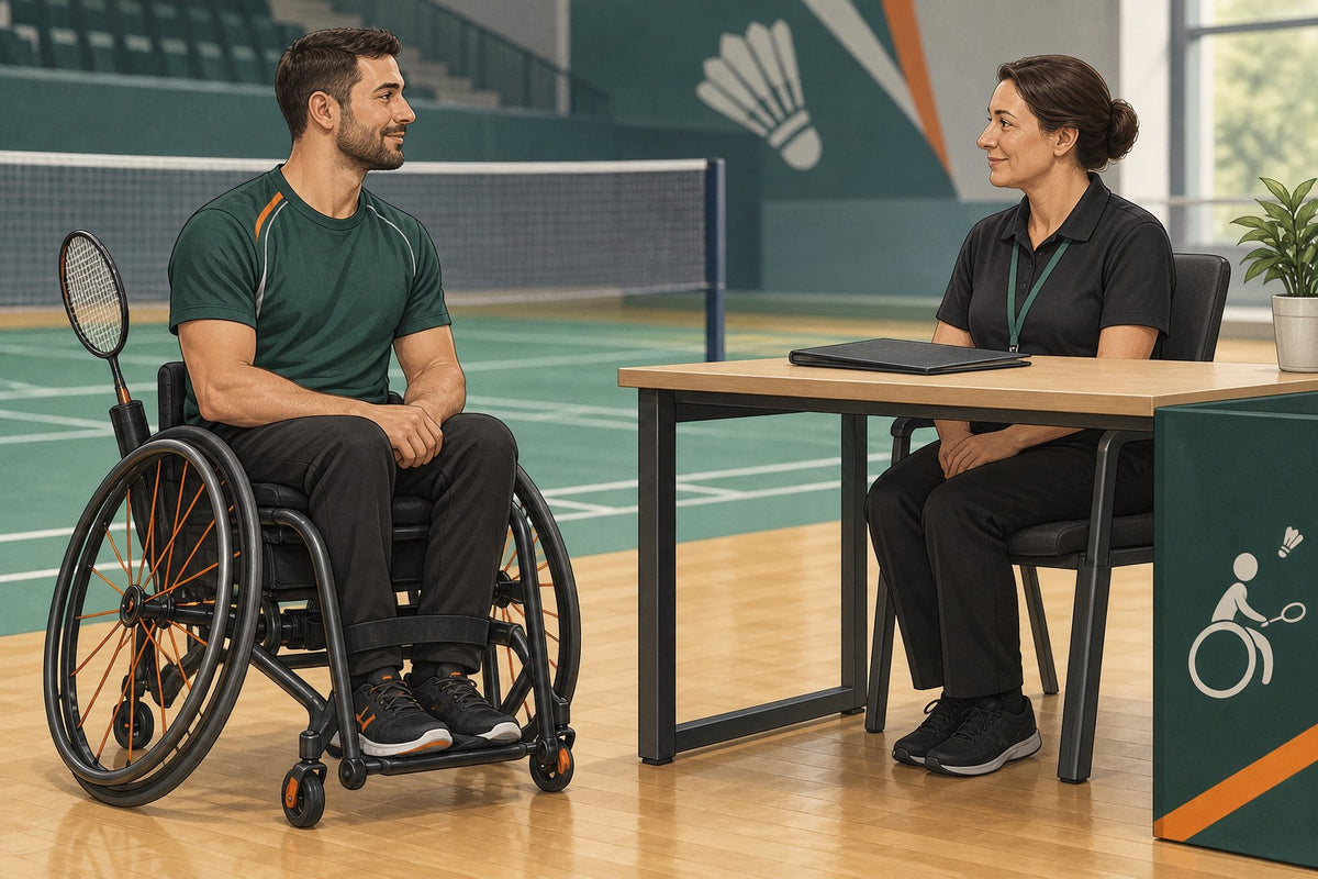 A player meets an official to discuss classification arrangements and documentation.