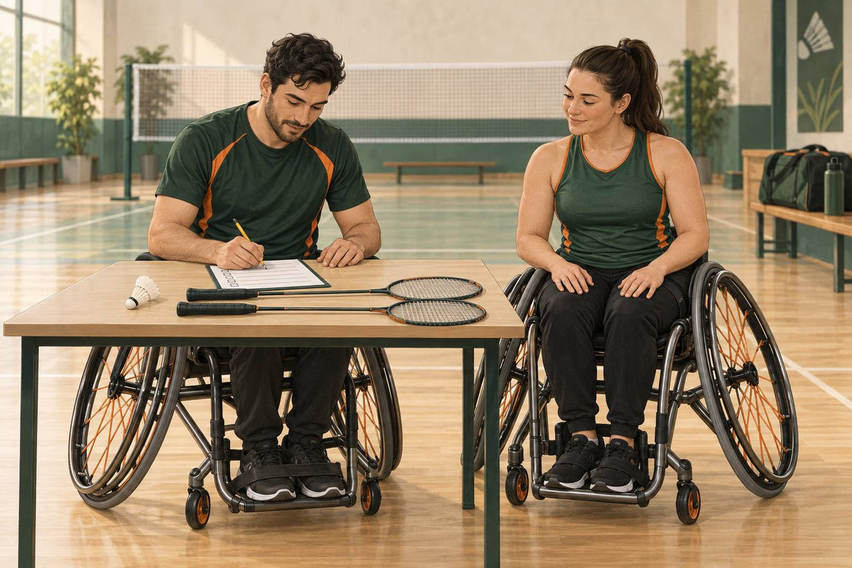 Deux partenaires de parabadminton consultent leurs détails d’inscription avant de choisir une épreuve de double.