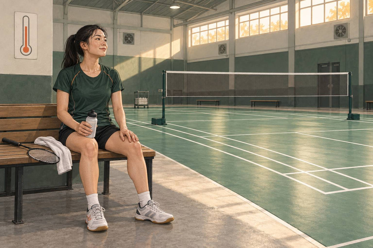 Editorial illustration of a seated badminton player taking a break in a warm gym.