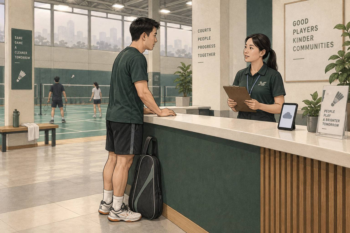 Un joueur de badminton et un membre du personnel discutent à l’accueil d’un avis neutre sur l’air extérieur.