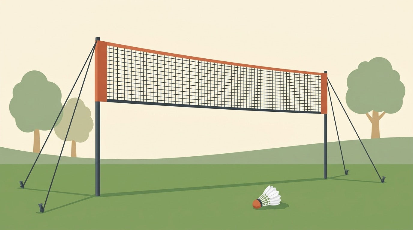 Illustration of a portable badminton net set on a Canadian cottage lawn with players and badminton gear