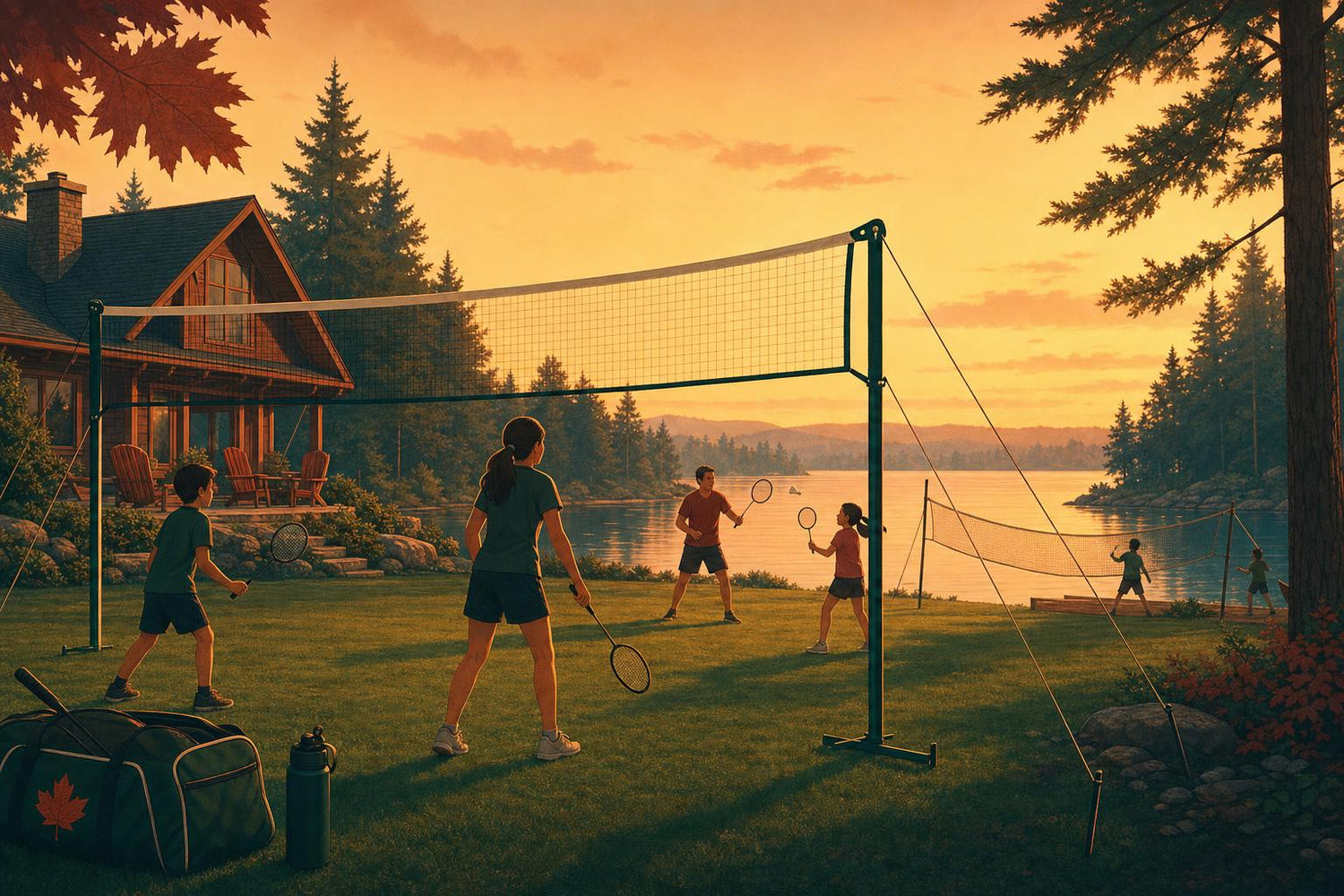 Illustration of a portable badminton net set on a Canadian cottage lawn with players and badminton gear