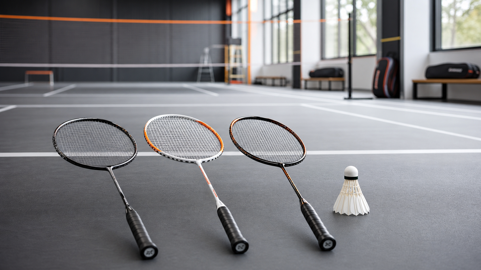 Three badminton rackets and a shuttlecock arranged on an indoor court.