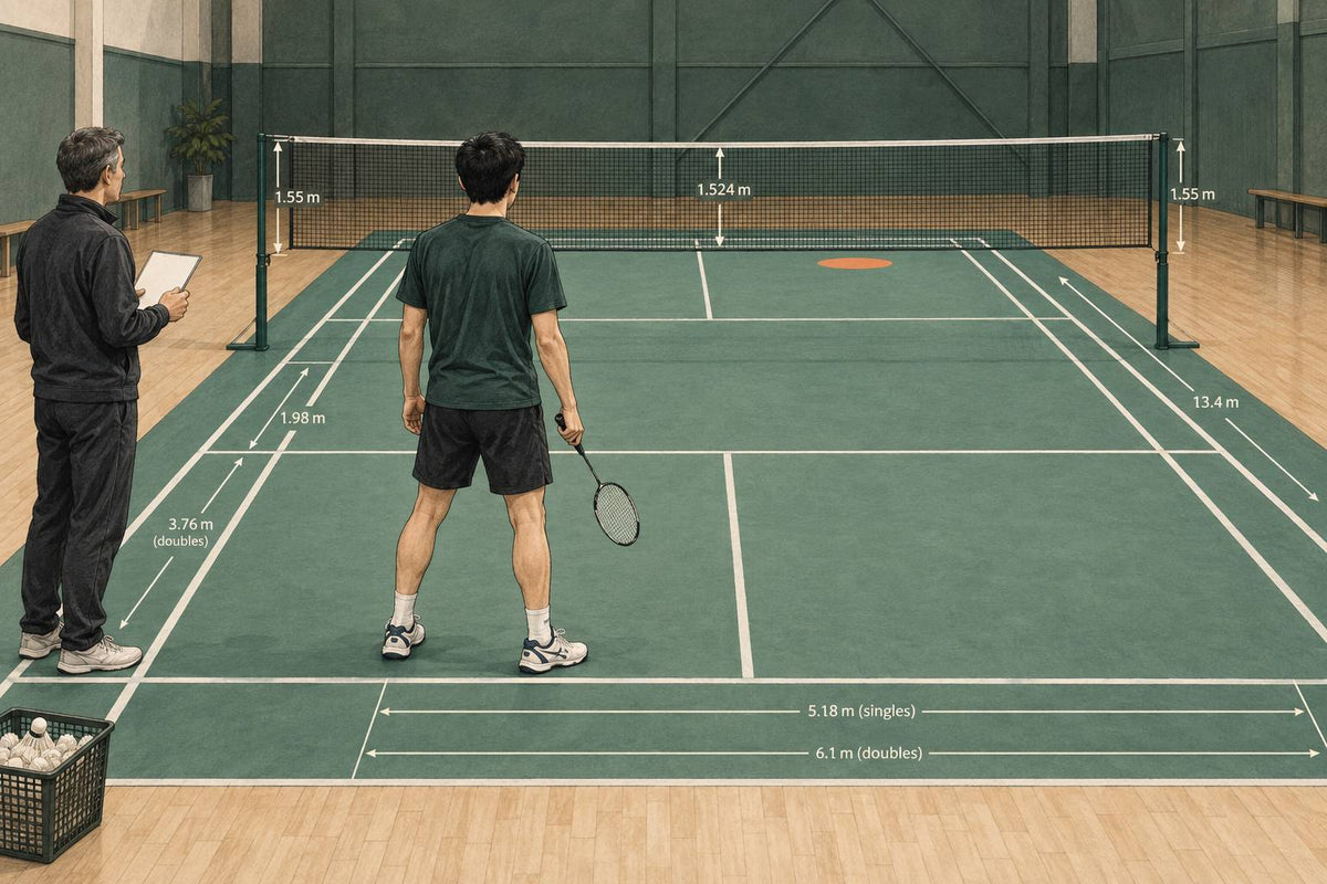 A badminton player and observer between feeds, with a court target and blank observation card.