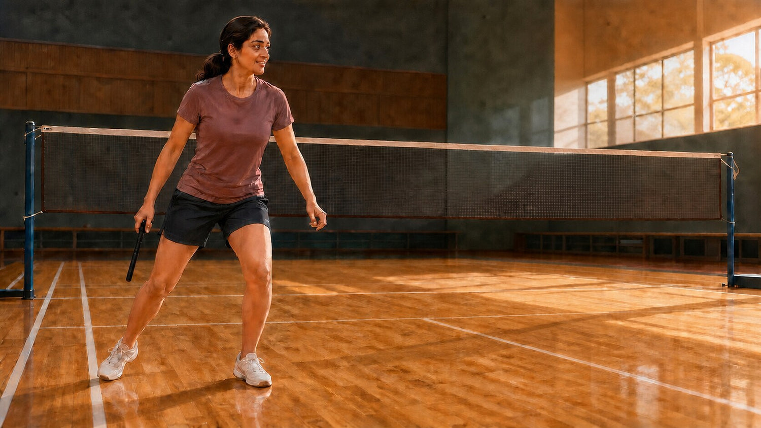 Illustration éditoriale d’une personne adulte qui effectue un pas d’échauffement contrôlé sur un terrain de badminton intérieur