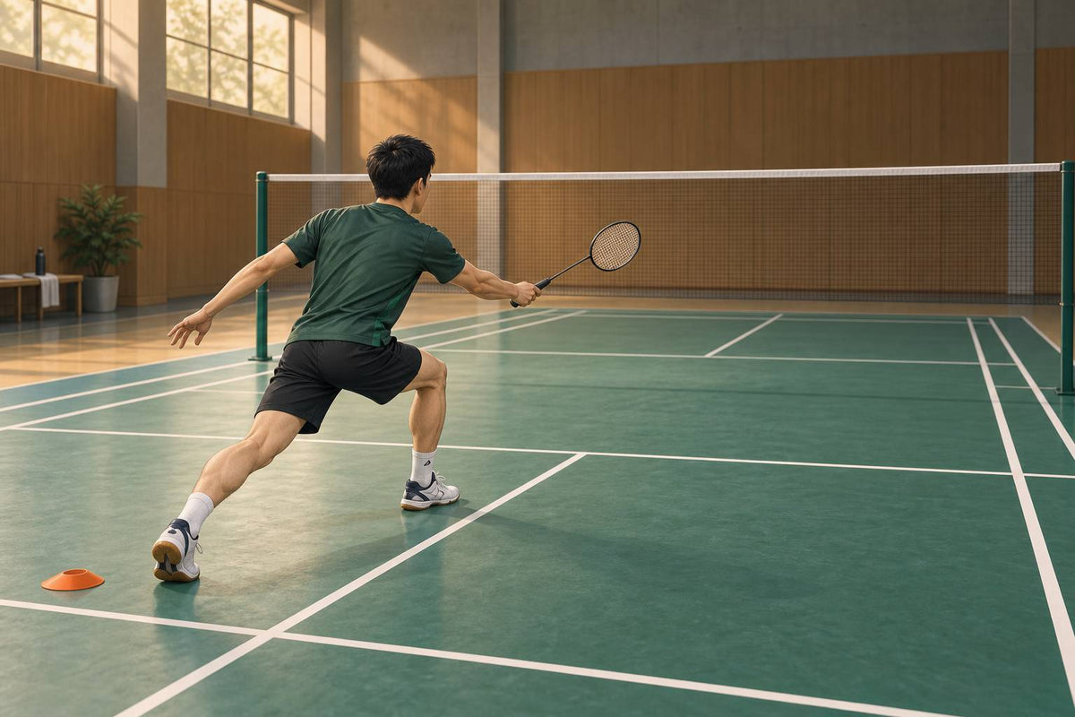 A player rehearses a balanced front-court movement without a shuttle, then prepares to recover toward base.