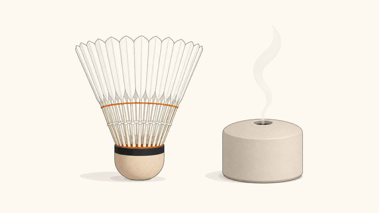 Unbranded feather shuttlecock standing beside a small humidifier outlet with a single curl of vapour.