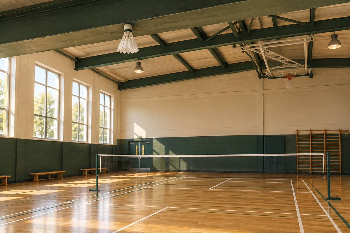 A shuttle meets an overhead beam, the kind of contact a gym’s stated obstruction rule must address.