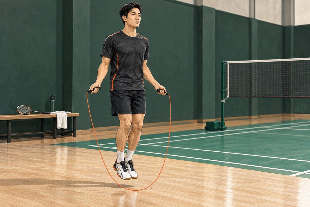 A player practises low, controlled rope skips beside a badminton court.
