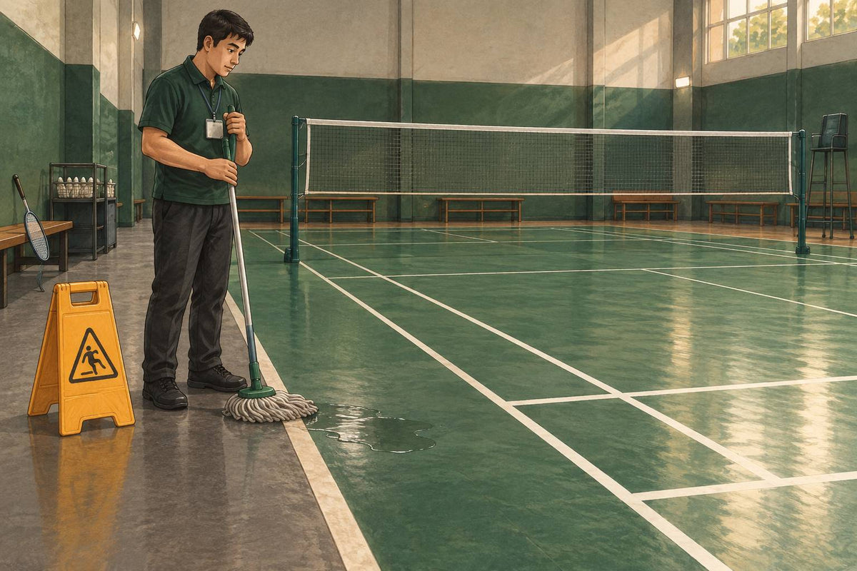 Editorial illustration of a venue attendant beside a small wet patch on an empty badminton court.