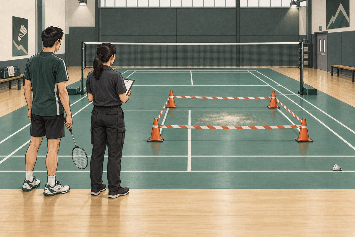 A badminton court patch isolated by cones while a player and facility staff member stand outside the area.