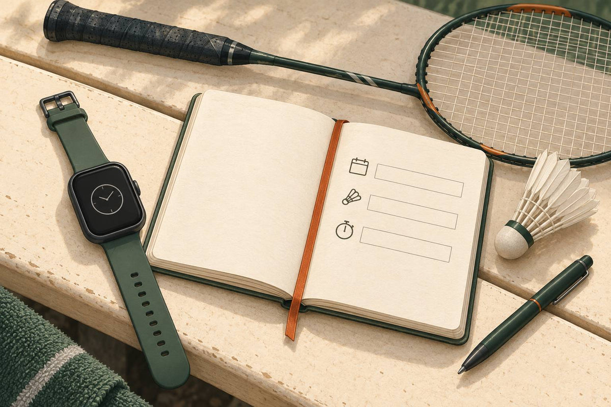 Illustration d’une montre intelligente générique, d’un carnet, d’un stylo et d’une raquette de badminton.