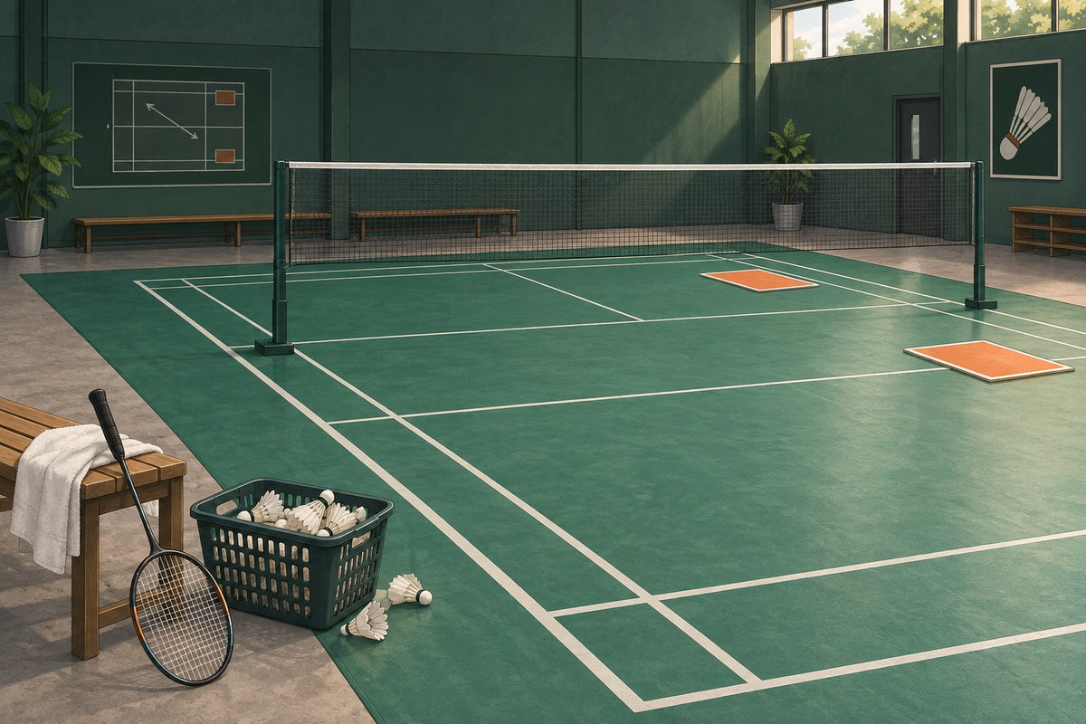 A net, shuttle basket and flat targets show a simple setup for solo serving practice.
