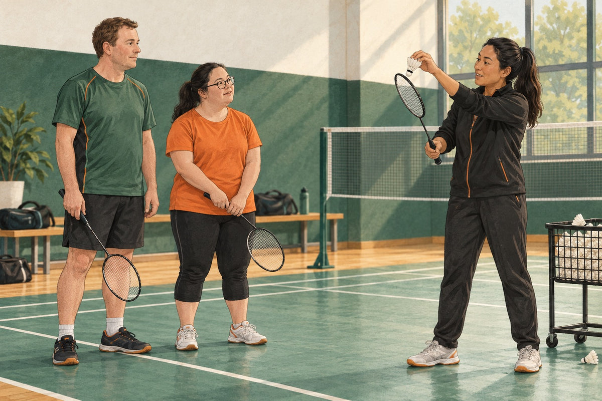 A coach prepares a pair for a session in which both teammates have opportunities to participate.