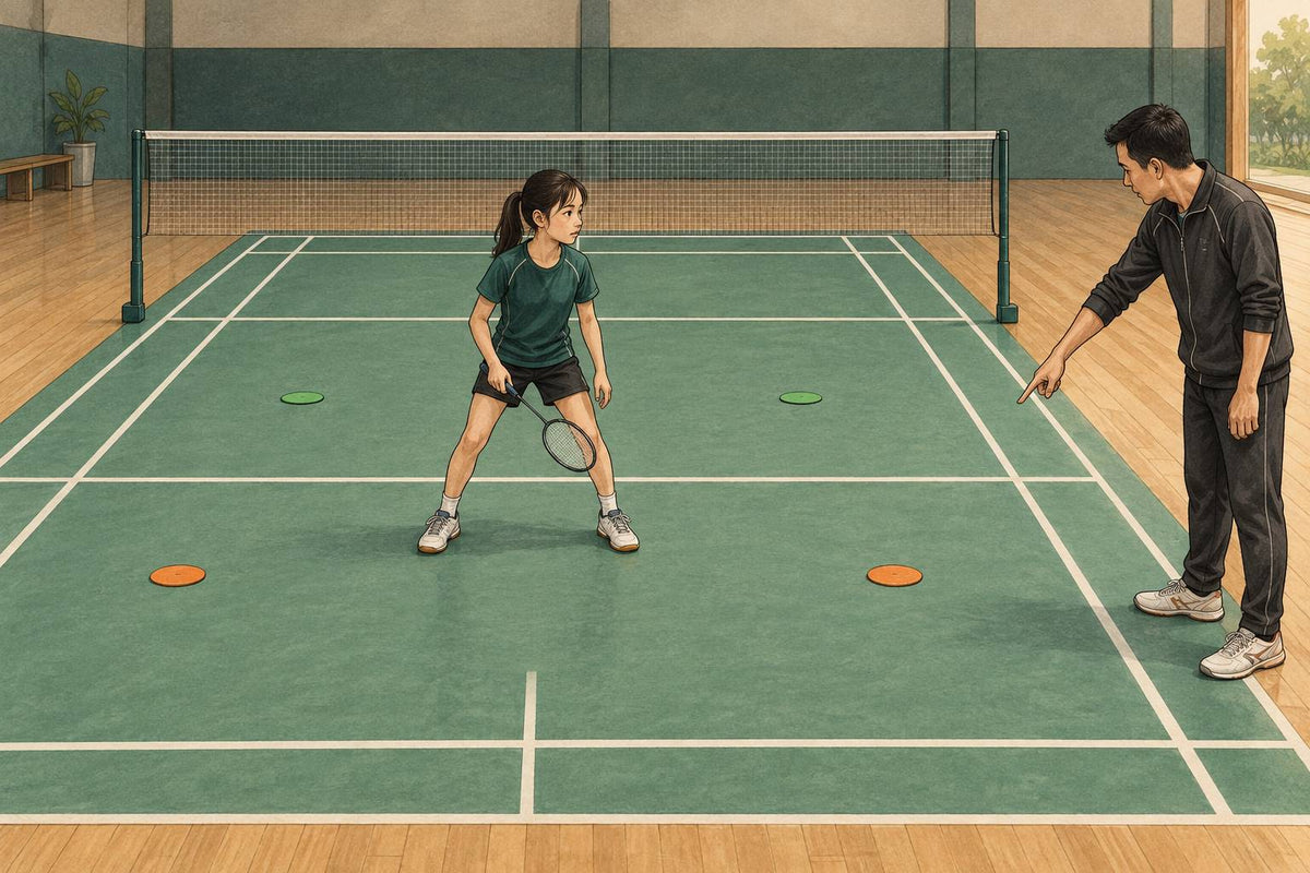 Illustration d’un joueur junior de badminton regardant le signal de direction d’un entraîneur hors du terrain.
