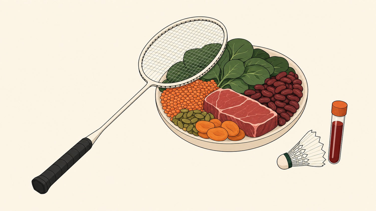 Flat vector illustration of a badminton racket and shuttlecock beside a bowl of iron-rich foods such as spinach, lentils, beans and red meat, with a small blood-test vial.