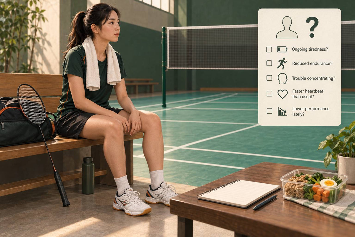 A paused badminton session and a separate health record frame persistent symptoms as an assessment question.