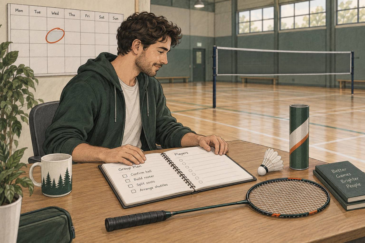 Editorial illustration of a badminton organiser beside a booking notebook, weekly calendar and shuttle tube.