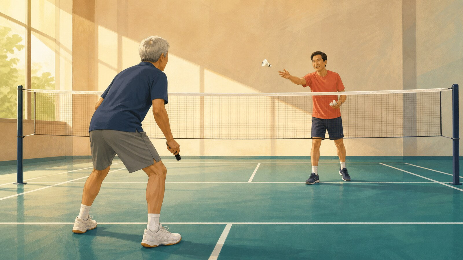Une personne âgée pratique un retour doux au badminton tandis qu’une personne entraîneuse lui envoie délicatement un volant au-dessus du filet d’un terrain intérieur.