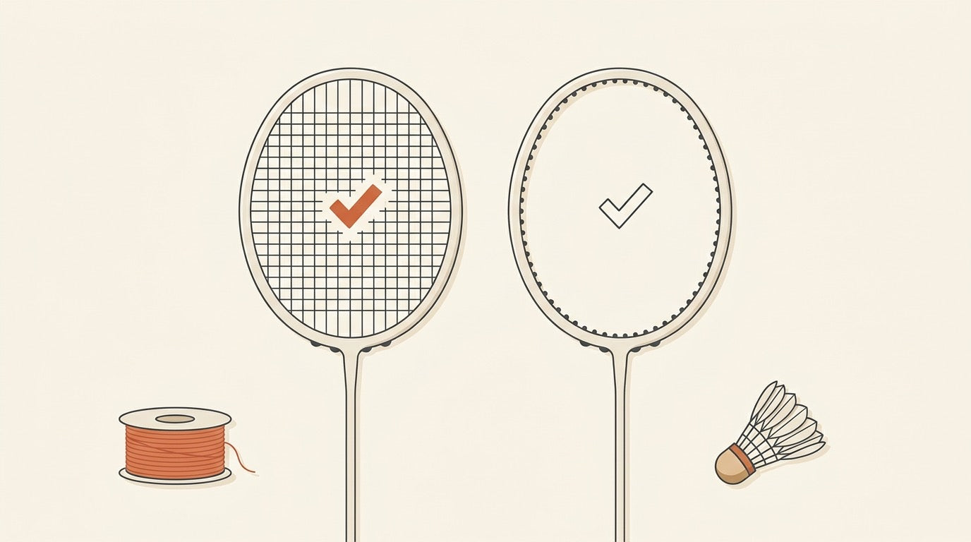 Two badminton rackets comparing a factory-strung racket with an unstrung frame ready for custom stringing.