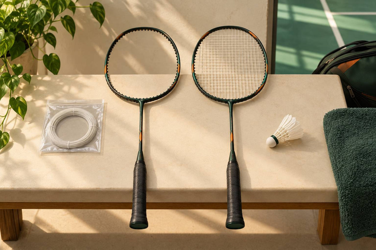 A strung racket has a playable string bed, while an unstrung frame needs strings installed first.