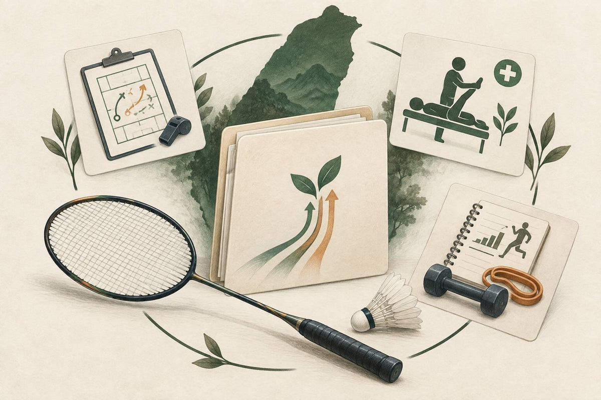 Editorial still life representing coaching, physical care and training support around a badminton athlete.