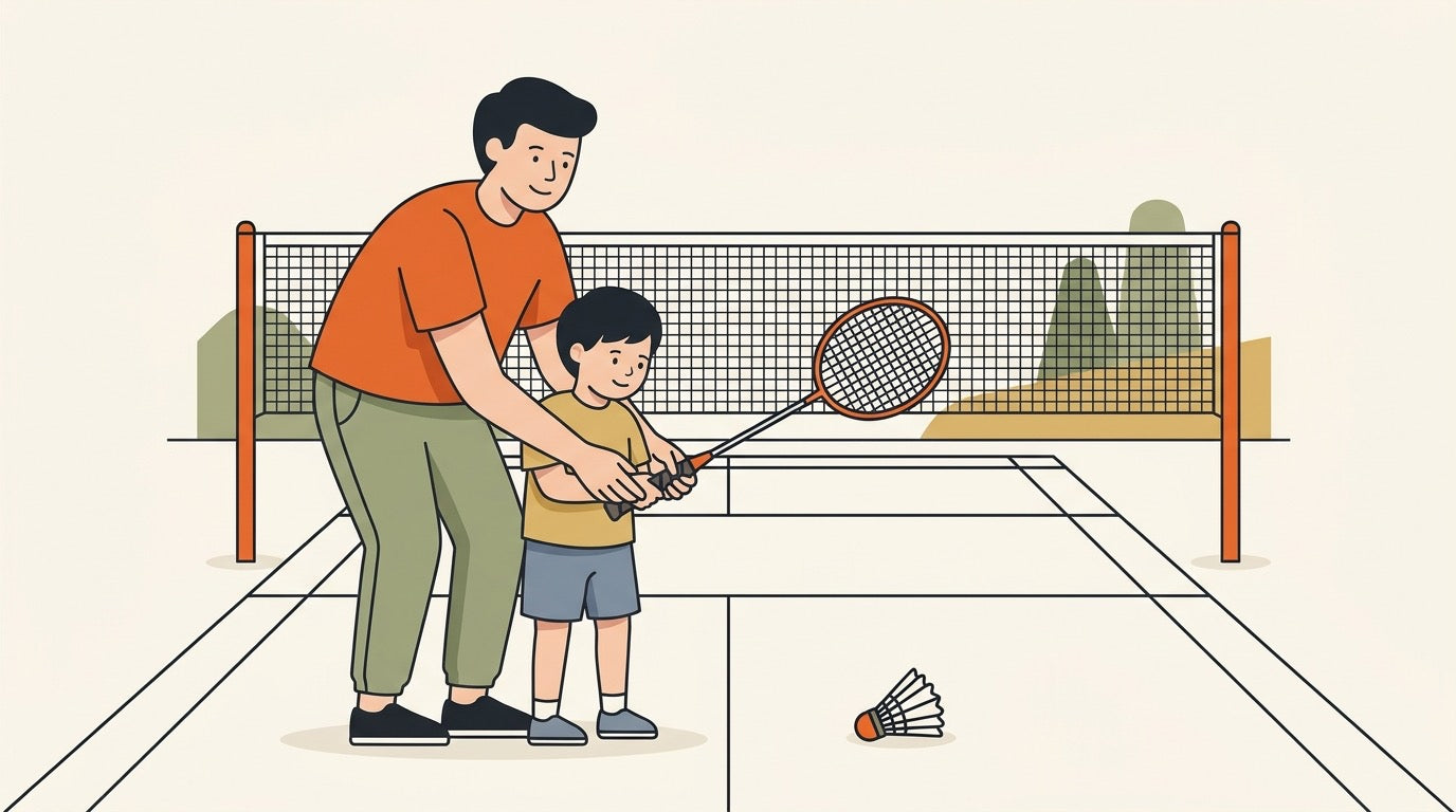 Parent teaching a child badminton with a hanging shuttle drill on a warm indoor court