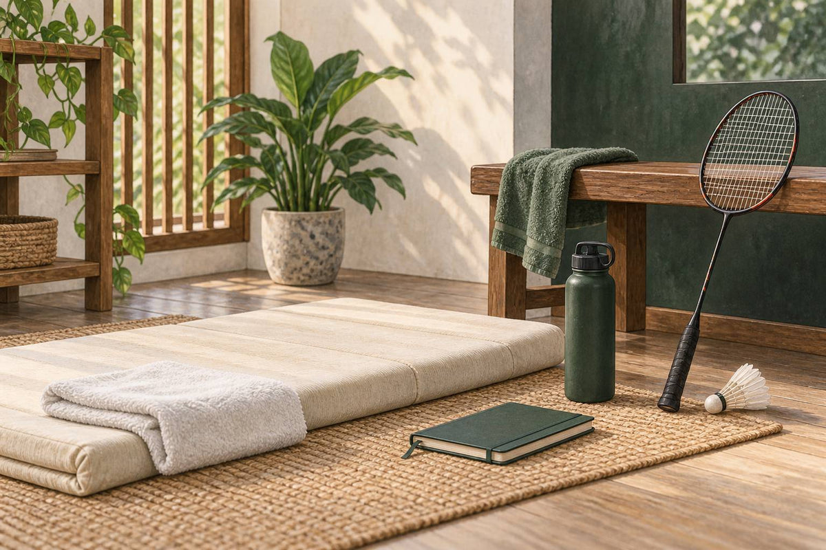 Editorial still life of a mat, towel, training notebook and badminton equipment.