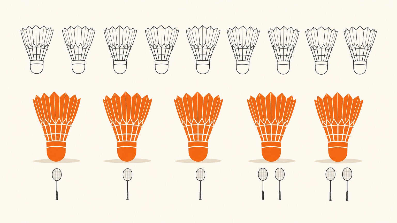 Flat vector illustration: a faded row of nine outlined shuttlecocks above a bold row of five orange shuttlecocks, with small badminton racket icons marking three singles and two doubles.