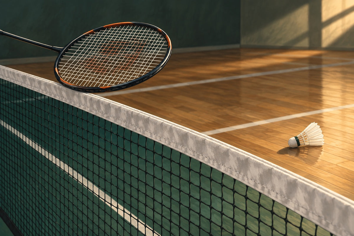Editorial illustration of a badminton net, separate racket head and shuttle on the floor.