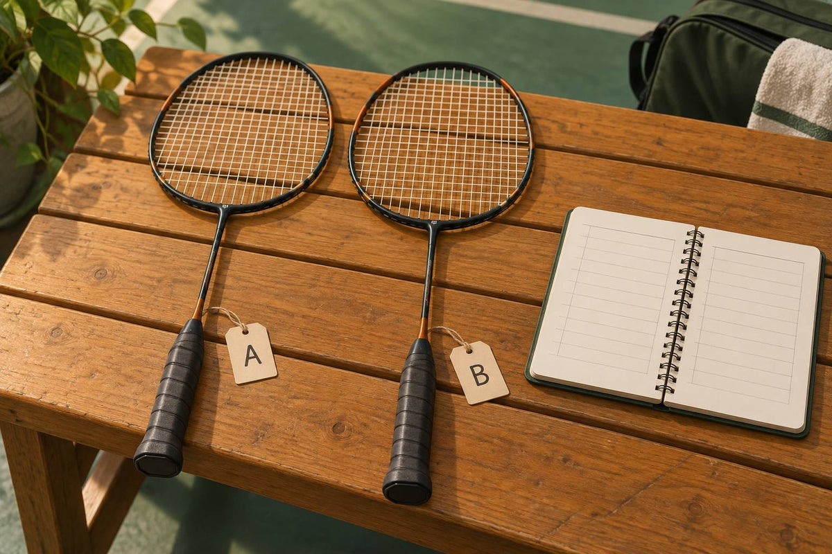 Two labelled rackets and a service notebook illustrate matching a spare or organizing a controlled comparison.