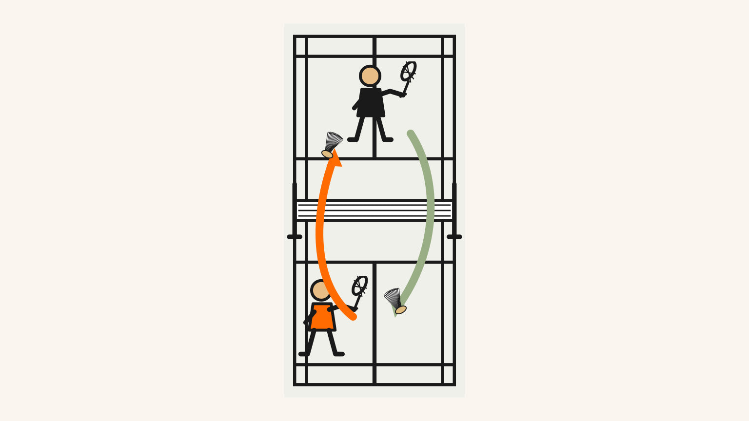 Deux personnes sur les côtés opposés d’un terrain de badminton intérieur gèrent deux trajectoires distinctes de volants comme contrainte de coordination locale.