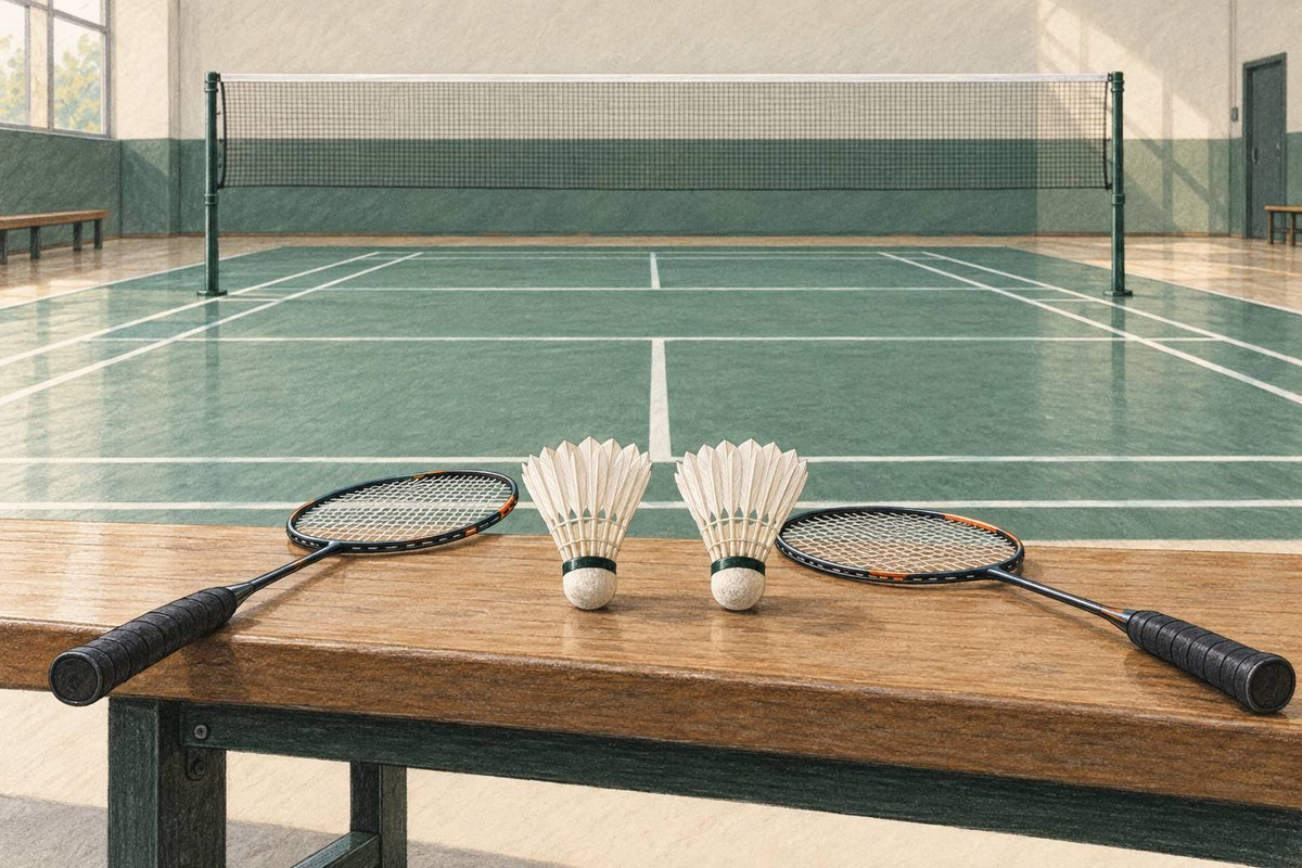 Deux volants en plumes à côté de deux raquettes de badminton sur un banc près du terrain.