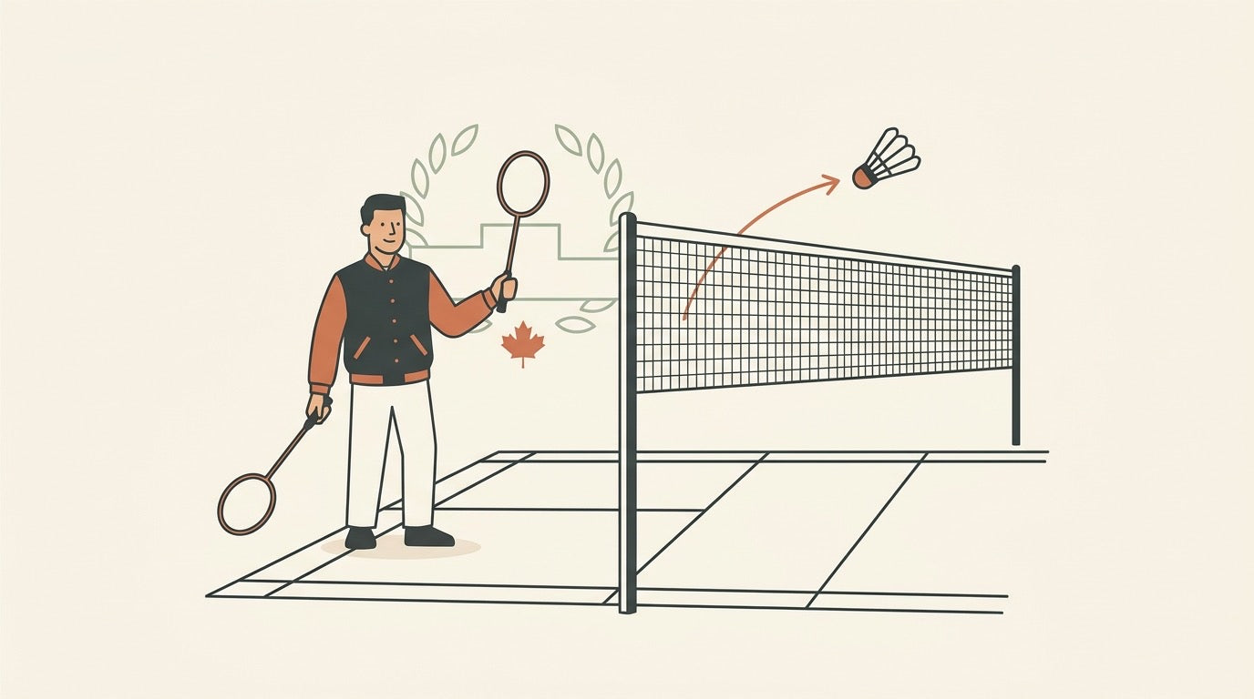 Illustration of Canadian university badminton players training on an indoor court