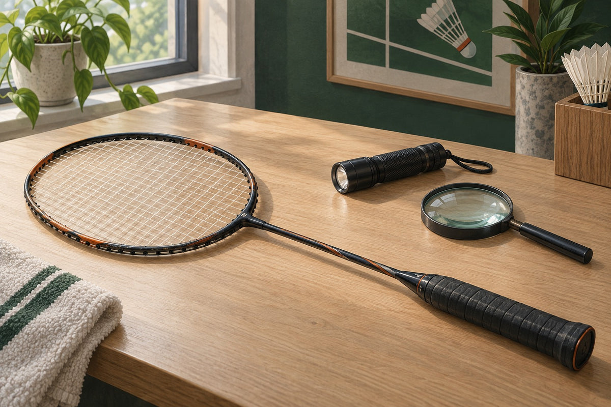 A racket laid out under good light introduces a non-destructive inspection before buying used equipment.