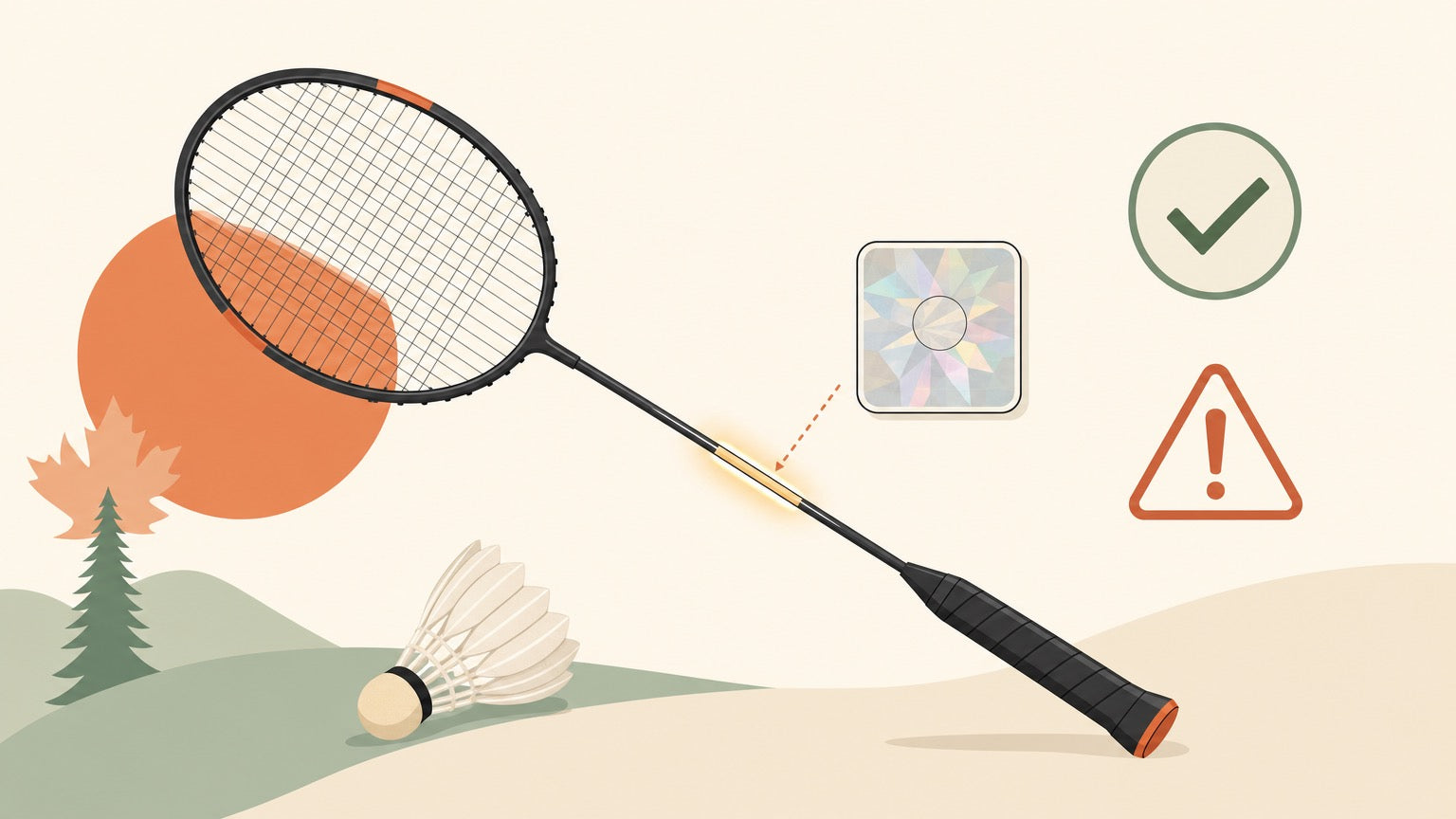Flat vector illustration of a badminton racket shaft and generic shimmer label for an authenticity check guide