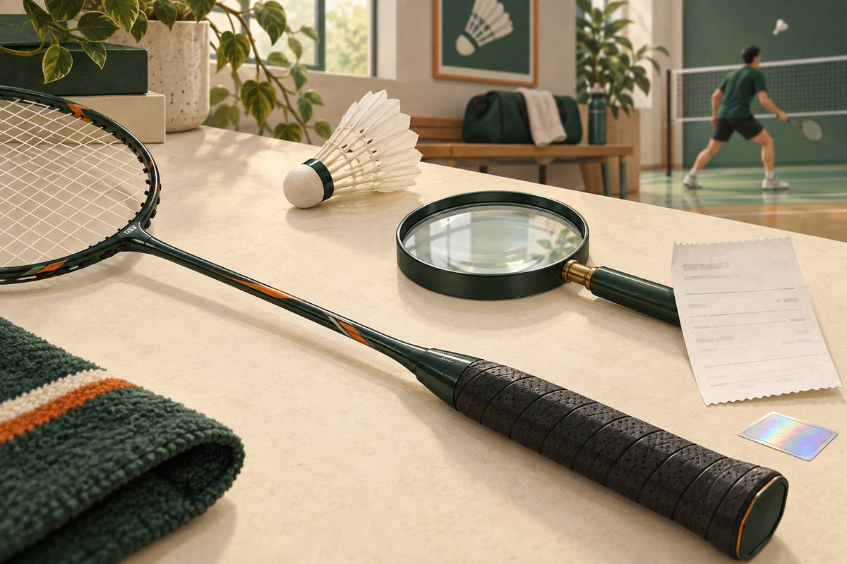 The racket’s markings and purchase record should be checked together when authenticity is uncertain.