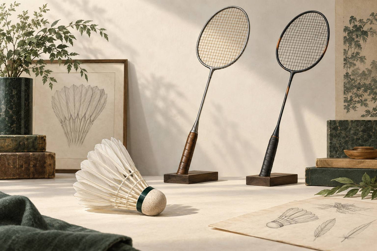 Editorial still life of a feather shuttle and generic metal and composite badminton rackets.