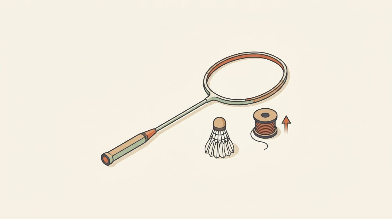 Illustrated badminton court with a pro-style racket, strings, and shoes arranged for a Viktor Axelsen gear setup guide
