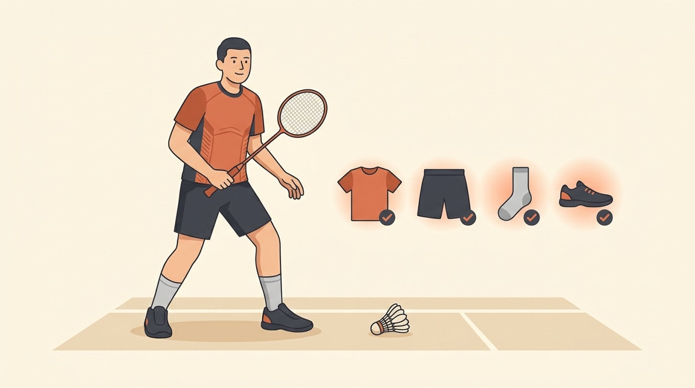 Badminton outfit with breathable shirt, shorts, socks, court shoes, and jacket on an indoor Canadian court