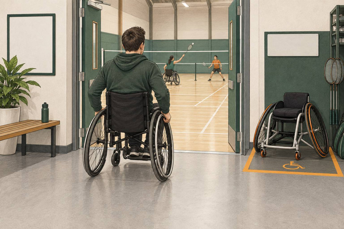 Editorial illustration of a wheelchair user at a level sports-hall entrance with chair storage beside the route.