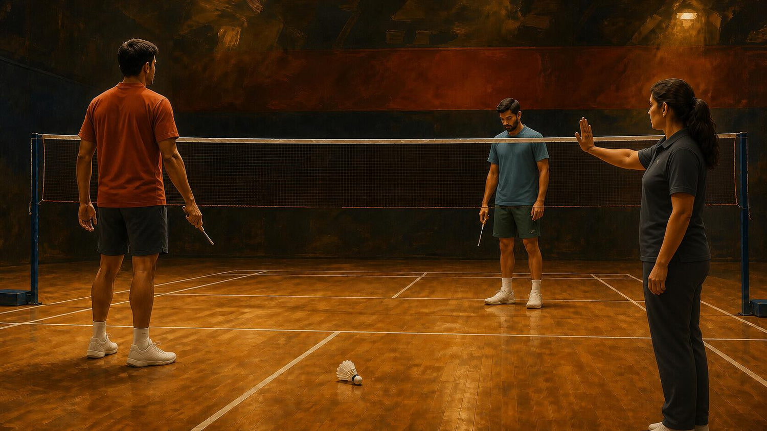 Deux personnes qui jouent au badminton s’arrêtent après qu’un volant est tombé sur un terrain intérieur, tandis qu’un officiel fait un geste neutre pour demander l’arrêt.